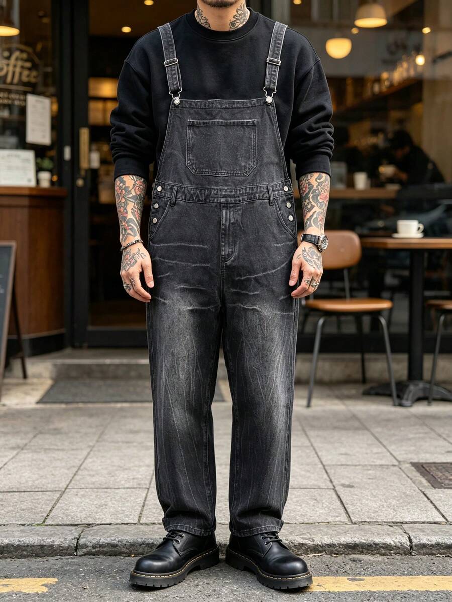 Men's Black Washed Denim Overalls, Non-Stretch Loose Straight Leg, With Chest Pocket, Cargo Pockets, Distressed Whitewashed Effect, Adjustable Shoulder Straps - Black - View 1