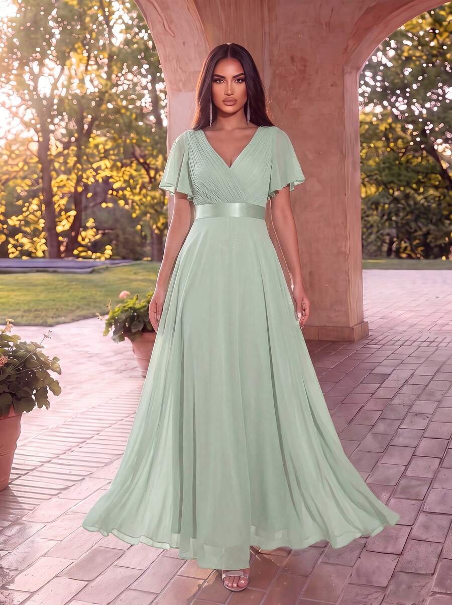 Autumn Elegant V-Neck Pleated Butterfly Sleeve Sage Green Bridesmaid Dress Wedding Guest Dress Semi-Formal Dress Suitable For Wedding Guest Party Graduation Season Birthday Party
