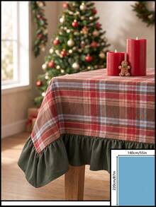 1pc Red And Green Plaid Tablecloth, Country Pastoral Style, Fabric Material, Rectangular Shape, Green Ruffle Trim Decoration, Beautifies And Protects Tabletop, Functional Dining Tablecloth Suitable For Christmas And Winter Home Decor Scenes - Red - View 18