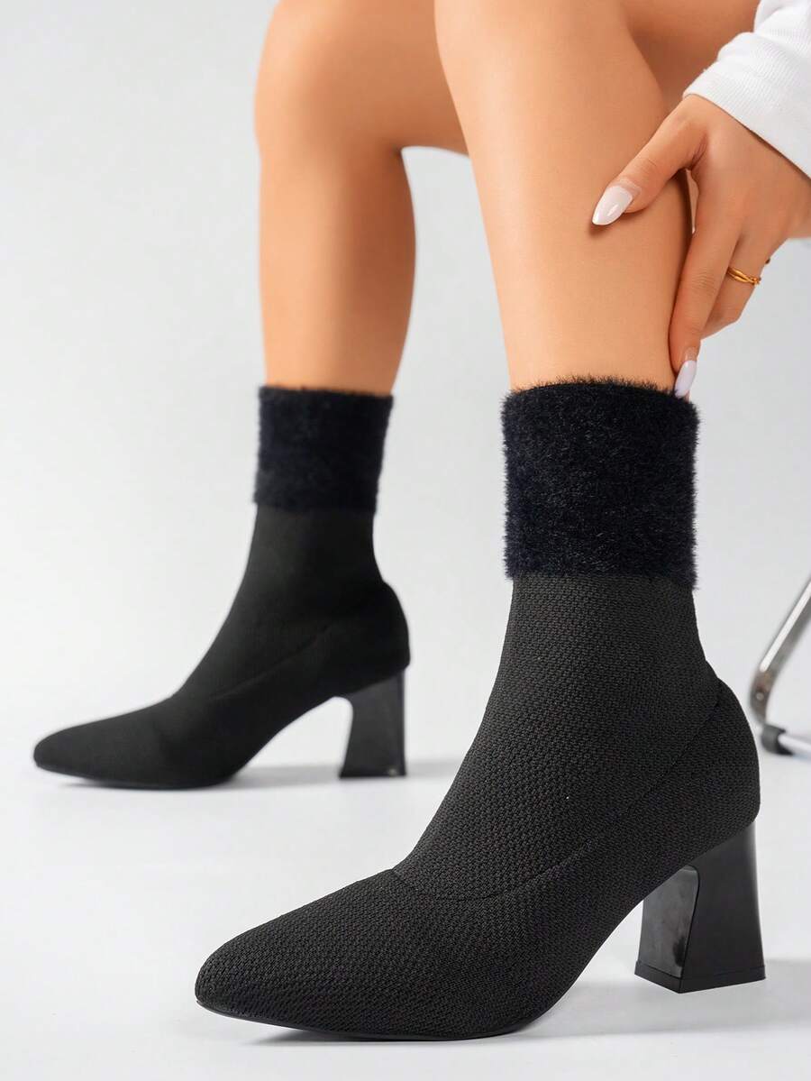 Women's Pointed Toe High Heel Elastic Ankle Boots, Knitted Patchwork Fur Design High Heel Mid-Calf Boots, Fashionable Minimalist Versatile Chunky Heel Slim Boots - Black - View 1
