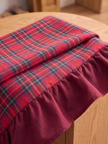 1pc Red Background Green & Black Plaid Tablecloth, Christmas Holiday Style Fabric Material, Rectangular With Scalloped Hem Design, Decorative Tablecloth For Christmas And Winter Home Decor - Red - View 7