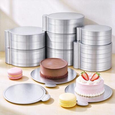 50/100pcs Silver Round Cake Boards With Handle, Mini Cardboard Cake Bases, Oil-Proof Disposable Paper Mousse Cake Plates, Large Capacity Dessert Pastry Cupcake Trays, Suitable For Bakery, Home Baking, Birthday, Wedding, Tea Party