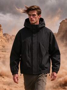 Men's Rugged Style Hooded Softshell Jacket, Loose Fit Multi-Pocket Functional Workwear Outdoor Travel Cycling Hiking Versatile Casual Jacket, Men's Gift - Black - View 6