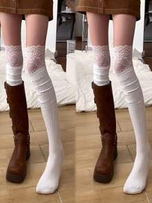 Women's Lace Patchwork Over-The-Knee Long Socks, Vertical Stripe Slimming Japanese Sweet Style Thigh-High Stockings, Versatile Solid Color - Multicolor - View 3