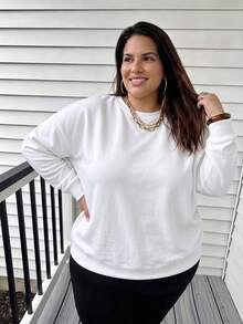 SUPEKYKO Plus Size Women's Solid Color Crew Neck Sweatshirt, Loose Casual Long Sleeve Pullover, Suitable For Hiking, Outdoor And Daily Wear - White - View 5