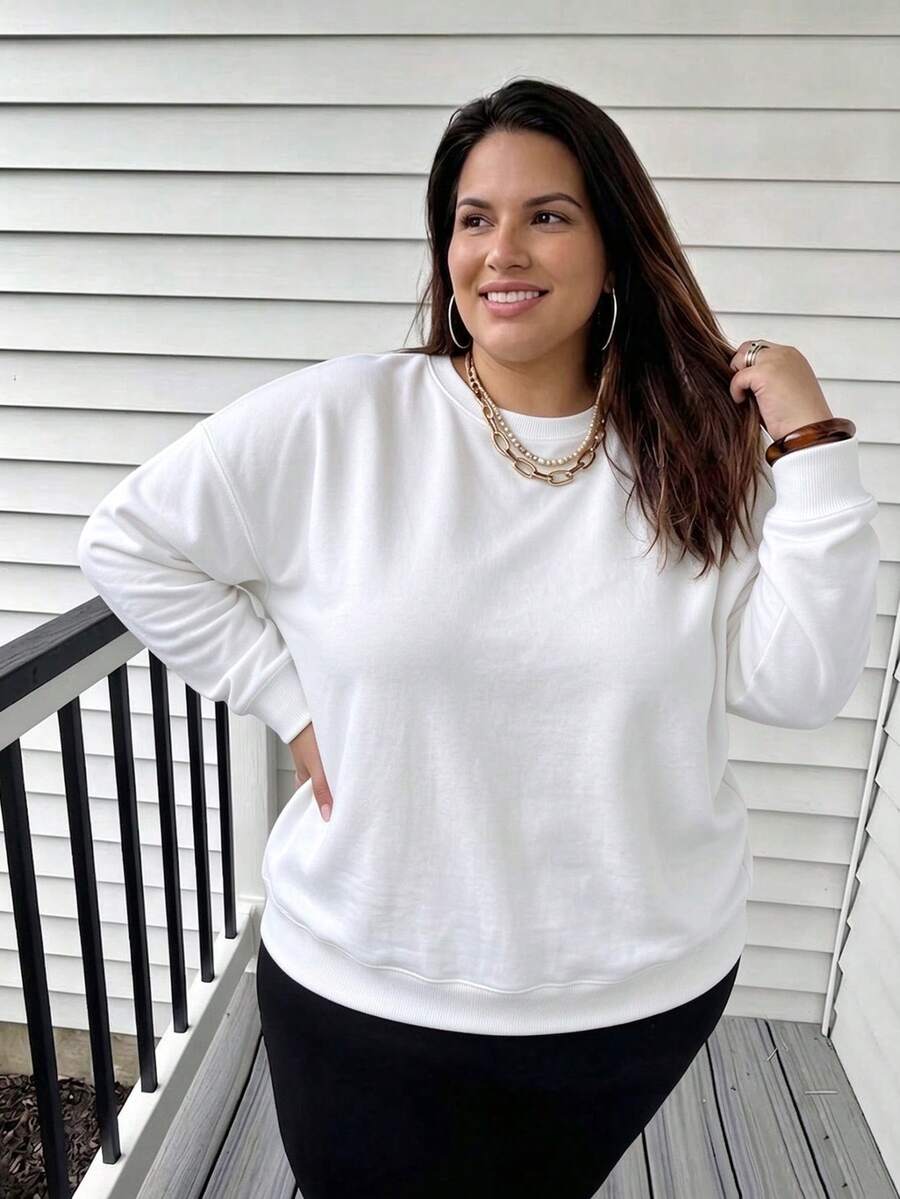 SUPEKYKO Plus Size Women's Solid Color Crew Neck Sweatshirt, Loose Casual Long Sleeve Pullover, Suitable For Hiking, Outdoor And Daily Wear - White - View 1