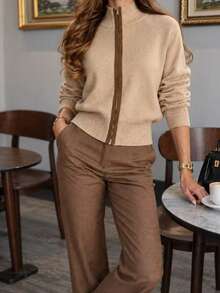 Women's Autumn/Winter Stand Collar Zip-Up Knit Cardigan, Raglan Long Sleeve Slim Fit Solid Color Casual Short Sweater Jacket - Camel - View 6