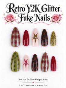 24Pcs Medium Almond Press On Nails, Fall Y2K Maillard Retro Nails, Tortoise Shell, Plaid & Tiger Print, Magenta Polka‑Dot With Star Rhinestones, For Thanksgiving Christmas Holiday Party - Brown - View 2