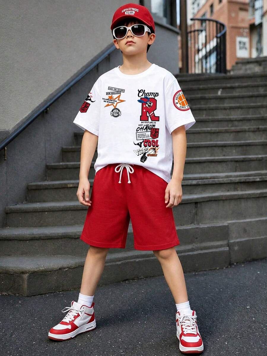 Tween Boy Letter Print Short Sleeve T-Shirt And Shorts Summer Outfit - Red - View 1