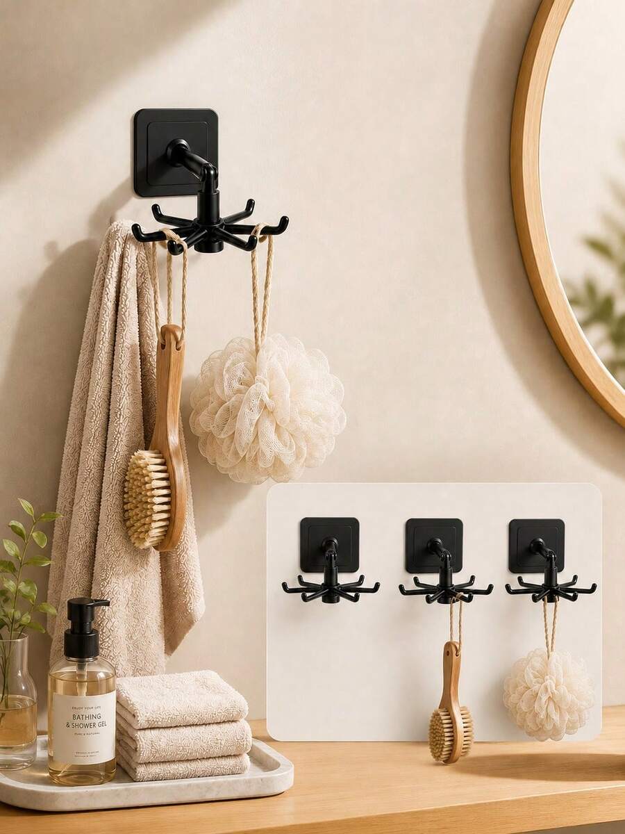 5pcs Multi-Function 360° Rotating Adhesive Hooks, No-Drill Kitchen Spoon Hooks With 6-Hook Rack - Multicolor - View 1