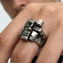 CIREY 1pc Vintage Personalized Design Split Personalized Mask Imitation Thai Silver Ring, Versatile Men's Ring Suitable For Daily Wear, Couple Style - Antique Silver - View 3