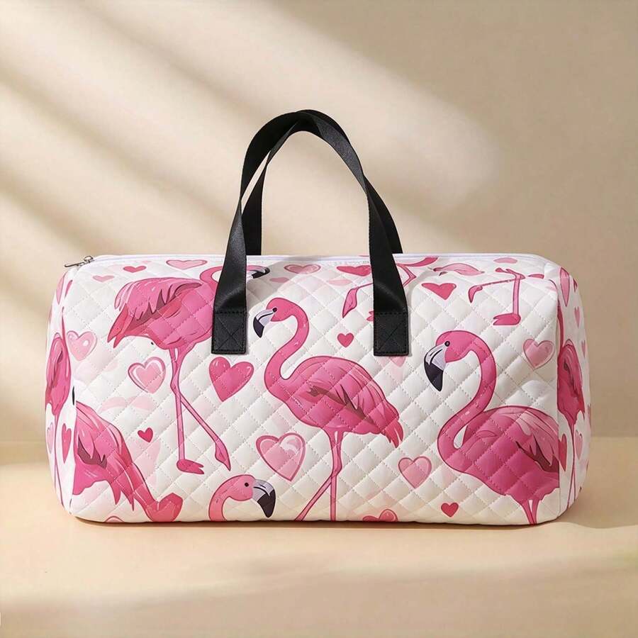Love Flamingo 圖案時尚行李包，大容量設計旅行手提包，便攜式手提包，適合健身、旅行、過夜行李，中性款 - 彩色 - 查看 1
