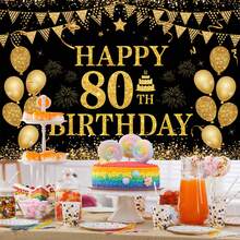 1 Set,Black Gold Happy 80th Birthday Backdrop,Gold Glitter Balloon Confetti DIY String Banner,80 Birthday Party Background With Firework Cake Bunting For 80th Birthday Party,Family Gathering Decor - Multicolor - View 2