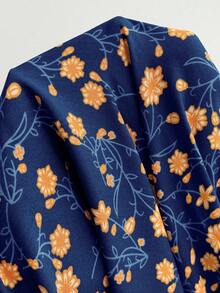 Rusttydustty Plus Size Women's Autumn Floral V-Neck Tie Ruffle Patchwork Long Sleeve Dress, Suitable For Autumn/Winter Vacation Elegant - Dark Blue - View 9