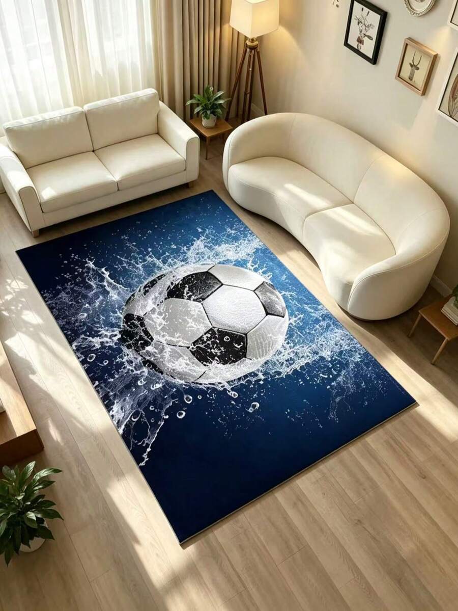 1pc 2026 New - Water Splash Soccer Rectangular Rug, Living Room Sofa Decor Mat, Deep Blue Dynamic Water Wave Soccer Print Carpet, Boys Room Soft Decor, Sports Style Art Large Rug, Home Gift, Football Fan Home Gift, Living Room Carpet, Bedroom Carpet, Decorative Rug, Washable Carpet, Indoor Shaped Mat, Gentle Healing Home Gift - Multicolor - View 1