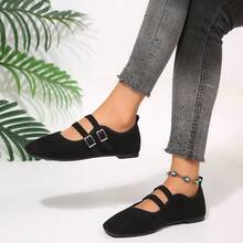 Spring/Autumn New Flat Square Toe Shallow Vamp Suede French Fairy Style Versatile Women's Double Strap Loafers - Black - View 4