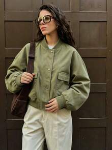 Casual Baseball Pocket Women's Jacket Loose Short Outerwear - Army Green - View 5