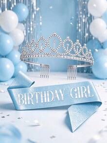 1 Set/2 Pcs Birthday Girl Crown & Sash Set, Rhinestone Birthday Crown, Shiny Holographic Birthday Sash, Women's Birthday Party Decoration, Birthday Photo Booth Prop - Girl's Birthday Style - View 1