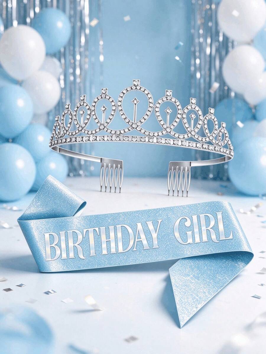 1 Set/2 Pcs Birthday Girl Crown & Sash Set, Rhinestone Birthday Crown, Shiny Holographic Birthday Sash, Women's Birthday Party Decoration, Birthday Photo Booth Prop - Girl's Birthday Style - View 1