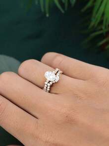 2Pcs Rose Gold Women Oval Stackable Rings Elegant Style Artificial Synthetic Zirconia For Wedding Banquet Party Anniversary No Box. - Gold - View 2