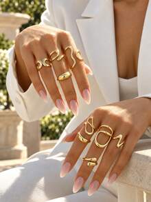 9pcs/Set Fashion Irregular Lines Water Drop Rings For Women Men Exaggerated Punk Retro Boho Fashion Jewelry Gifts - Yellow Gold - View 2