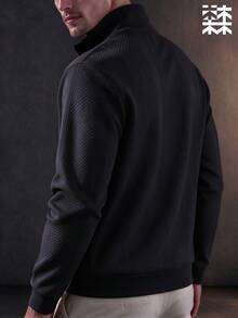 mulinsen Men's Half-Zip Stand Collar Textured Jacquard Patchwork Long Sleeve Sweatshirt, Minimalist Casual Top - Black - View 4