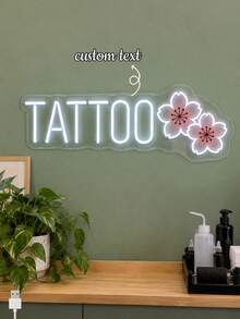 1PC Custom Text Tattoo LED Neon Light, Personalized White Letter Wall Light With Pink Cherry Blossom Design, USB Powered Neon Wall Decor For Tattoo Studio, Tattoo Shop, Beauty Salon, Artist Workspace, Aesthetic Room & Gift - Multi-color 6 - View 1