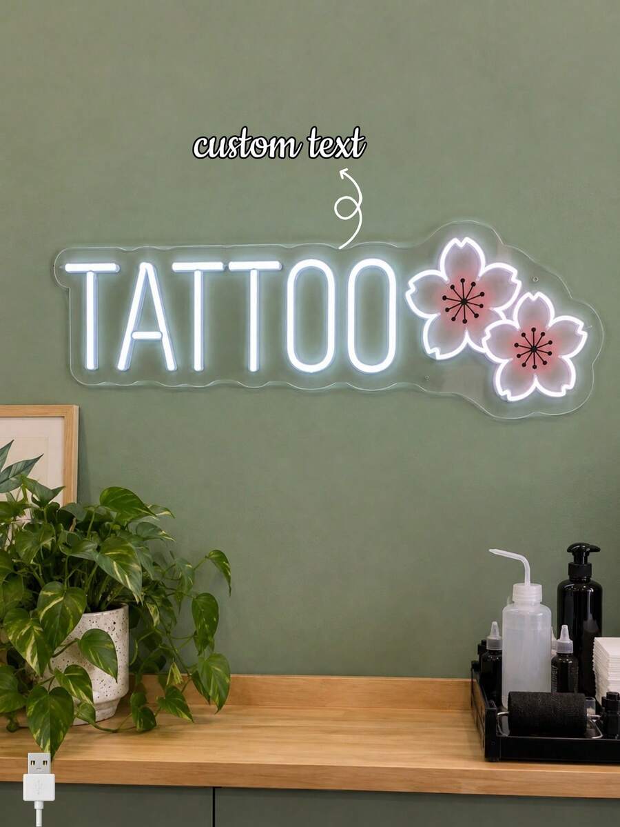 1PC Custom Text Tattoo LED Neon Light, Personalized White Letter Wall Light With Pink Cherry Blossom Design, USB Powered Neon Wall Decor For Tattoo Studio, Tattoo Shop, Beauty Salon, Artist Workspace, Aesthetic Room & Gift - Multi-color 6 - View 1