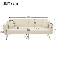 Old Sku:WF200993995B, Sofa Bed With Adjustable Angle, Gold Legs, With Cushions And Side Storage Pockets - Beige - View 2