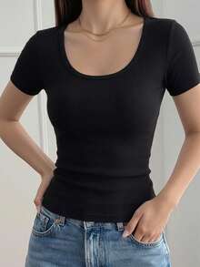 2pcs/Set Women's Simple Solid Color Knitted Ribbed Short Sleeve T-Shirt, Spring/Summer Casual Base Layer Innerwear, Autumn/Winter Black & White Soft Comfortable Slim Fit Everyday Tops - Multicolor - View 3