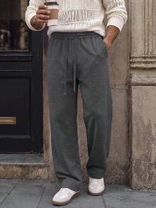 Men Fall Elastic Waist Wide Leg Sweatpants, Dark Grey Side Seam Detail Drawstring Trousers Elegant Pants For Vacation Outing - Dark Grey - View 4