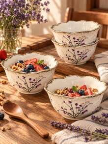 Vintage Lavender Carved Floral Hand-Painted Underglaze Ceramic Bowl, Petal Rim Yogurt Oatmeal Rice Cereal Dessert Fruit Snack Bowl, Elegant Breakfast & Home Dining Tableware For Daily Use, Gift Idea - Multicolor - View 5