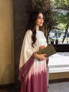 Hafizah Women's Silk-Like Gradient Color Dress, White To Pink-Purple Gradient Long Robe With Tassel Trim, Suitable For Elegant Occasions, Red Autumn Style - Red - View 6