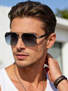 1pc Men's Fashion Glasses Cross-Border Double Bridge Aviator Frame New Style Cycling Driving Fashion Glasses Square Frame Slimming High-End Half-Rim Frame - Silver Frame Grey-blue - View 3