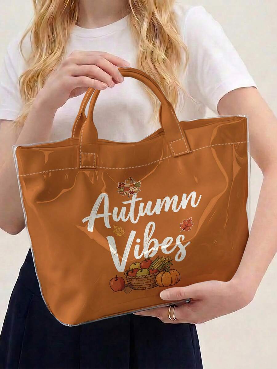 1pc, Autumn Vibes Print Glossy PVC Tote Bag, Large Capacity, Top Handle, For Beach,Office Shopping Daily Use - Rust - View 1