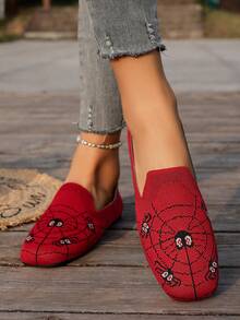 Women Spider Pattern Knit Slip On Flat Shoes, Square Toe Casual Breathable Flats For Daily Commute - Red - View 4