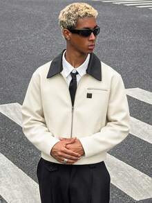 HOMIIE Men's Cream Color Contrast Collar Zip-Up Short Jacket, Multi-Pocket Street Style Autumn Clothing, Suitable For Vacation And Commuting, Gift For Father Or Boyfriend - Apricot - View 5