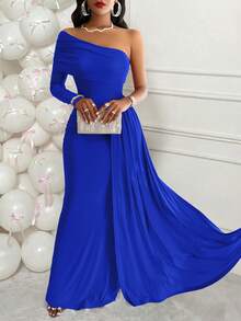 AIJ Women's One-Shoulder Maxi Dress, Asymmetric Neckline With Long Pleated Sleeves And Side Draping Details Elegant - Royal Blue - View 2