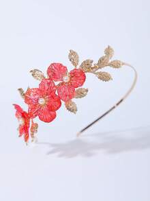 1pc Red Flower & Leaf Decorated Women's Headband, Handmade Soft Hair Accessory Suitable For Bride Wedding And Daily Wear - Gold - View 2