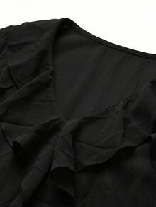Women's V-Neck Ruffle Chiffon Blouse, Elegant Semi-Sheer Bell Sleeve Top, Romantic Bohemian Style Black Shirt - Black - View 4