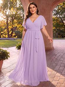 Elegant V-Neck Ruffle Hem Long Sleeve Midi Formal Dress, Suitable For Spring/Summer Wedding, Party And Bridesmaid, Lavender Color Fall - Mauve Purple - View 2