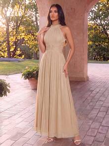 Charming Women's Halter Neck Backless Sleeveless Pleated Ruched Twist Design High Elasticity Formal Evening Gown Wedding Party - Champagne - View 1