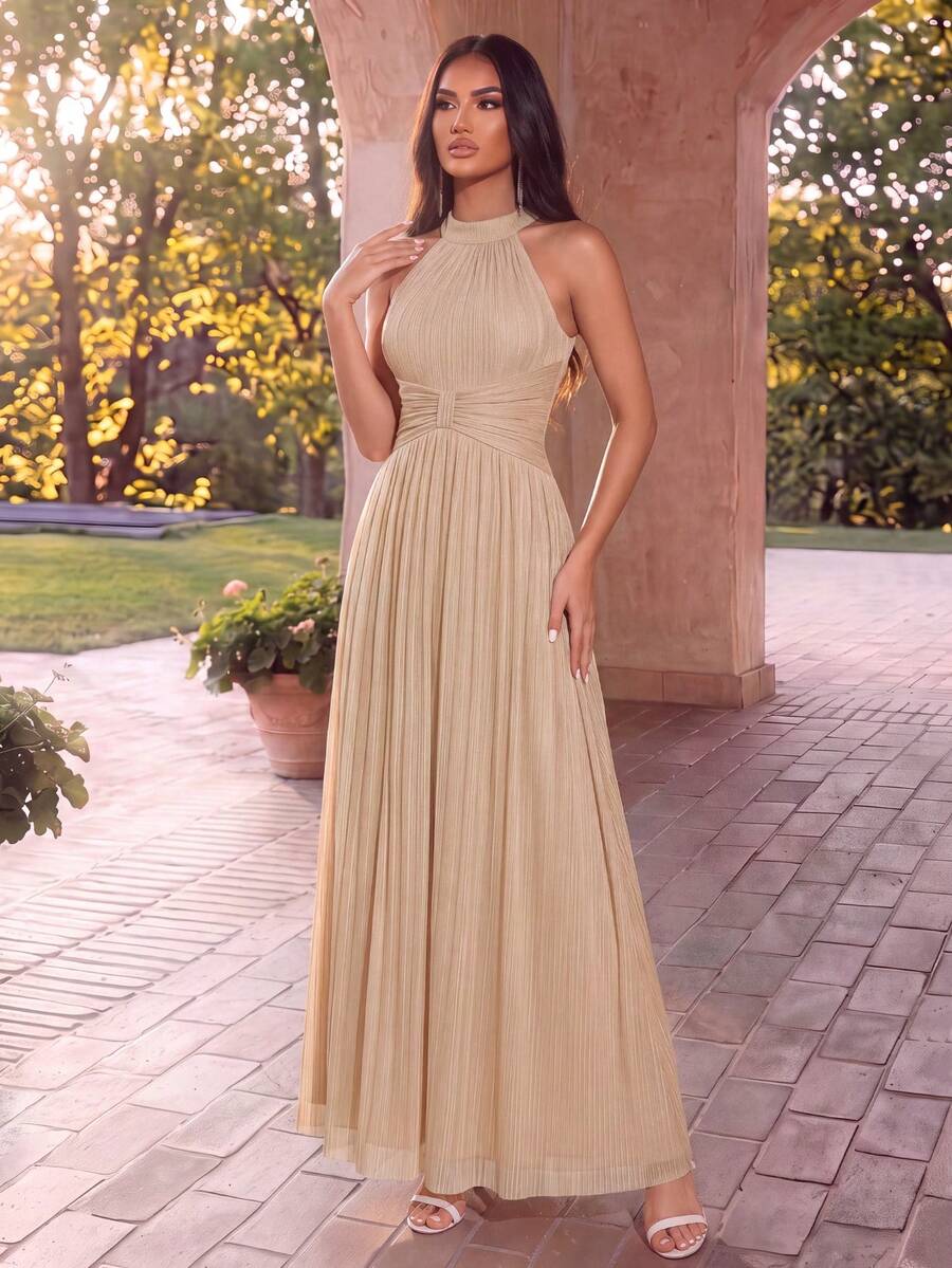 Charming Women's Halter Neck Backless Sleeveless Pleated Ruched Twist Design High Elasticity Formal Evening Gown Wedding Party - Champagne - View 1