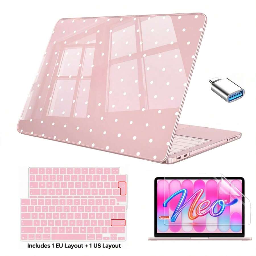 This Polka Dot Pattern Protective Case Is Compatible With MacBook Neo 13-Inch 2026 A3404 A18 Pro Model, Hard Shell Laptop Protective Cover, Optional EU And US Keyboard Protector, Screen Protector, USB Adapter And Cloud Pattern Laptop Sleeve, Available In Multiple Bundle Combinations. - View 1