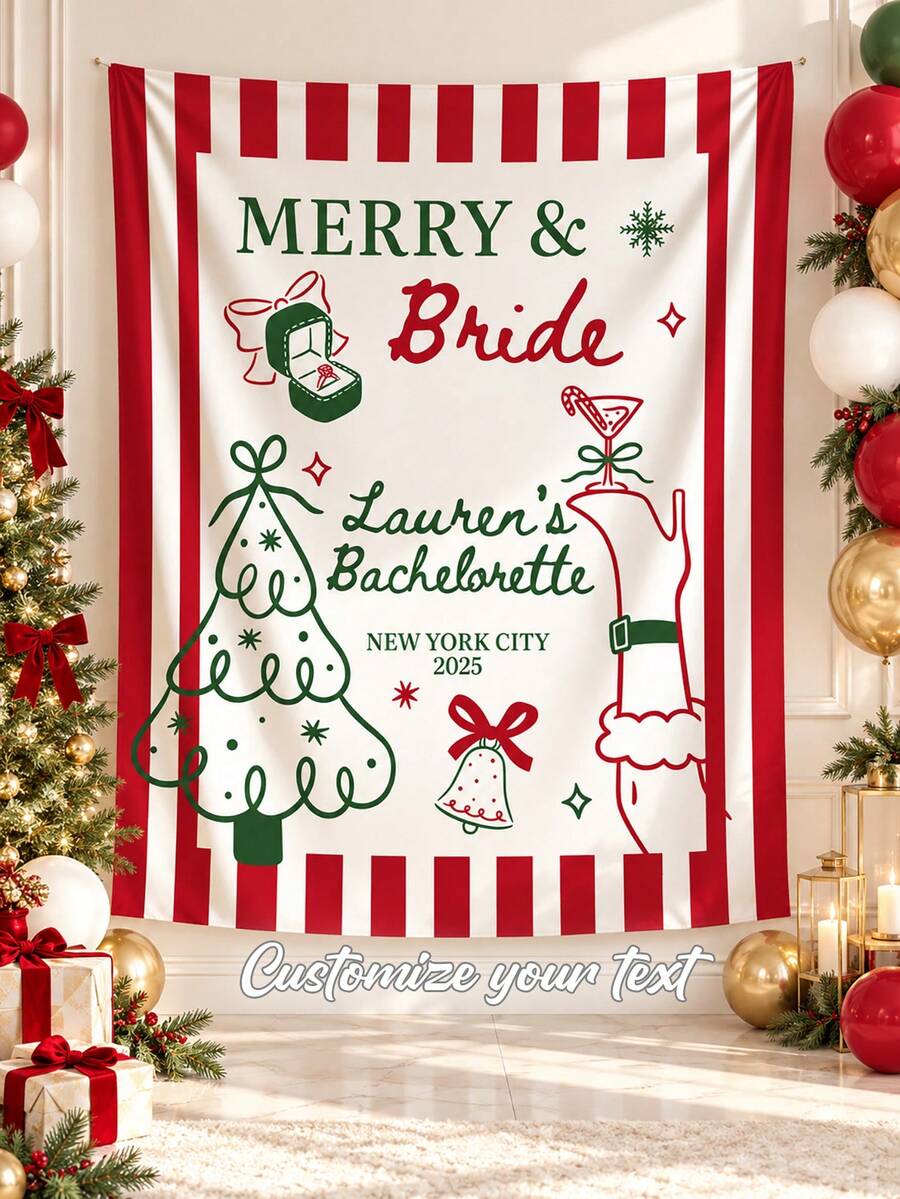 Personalized Christmas Bachelorette Party Banner Decor, Christmas Bridal Shower Tapestry, Merry And Bride Backdrop - Multicolor - View 1