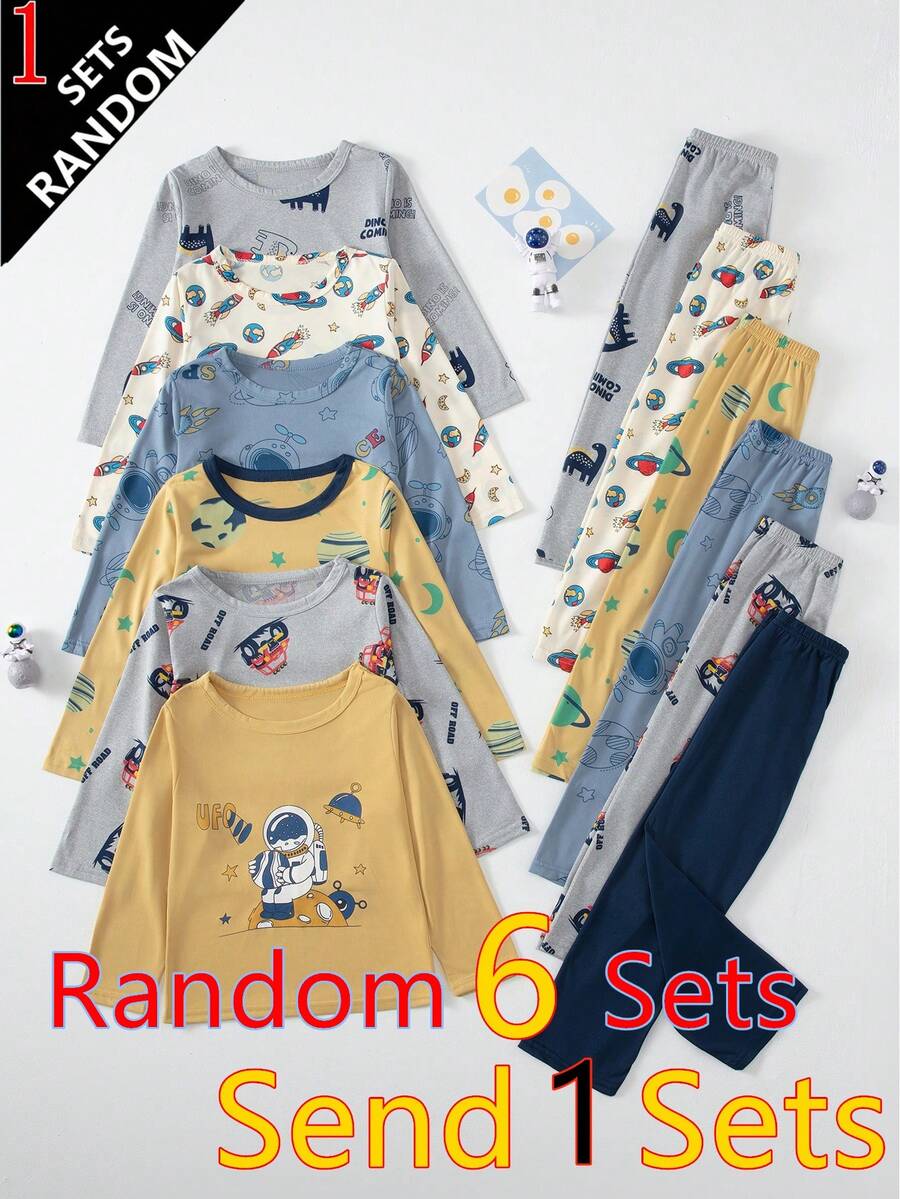 6 Sets 1 Set Random Boys Cartoon Home Wear Set Cute Print Long Sleeve Long Pants Pajama Set - Multicolor - View 1