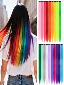 12pcs/6pcs/1pc Rainbow Color Clip-In Hair Extensions, Suitable For Music Festivals, Halloween, Christmas And Various Parties - Multicolor - View 1