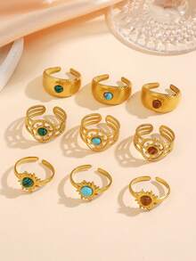 3pcs Stainless Steel 18k Gold Plated Fashionable Peacock Stone, Turquoise, Tiger Eye Open Ring Set. Suitable For Women's Daily Wear. Autumn/Winter Essential. - Multicolor - View 3