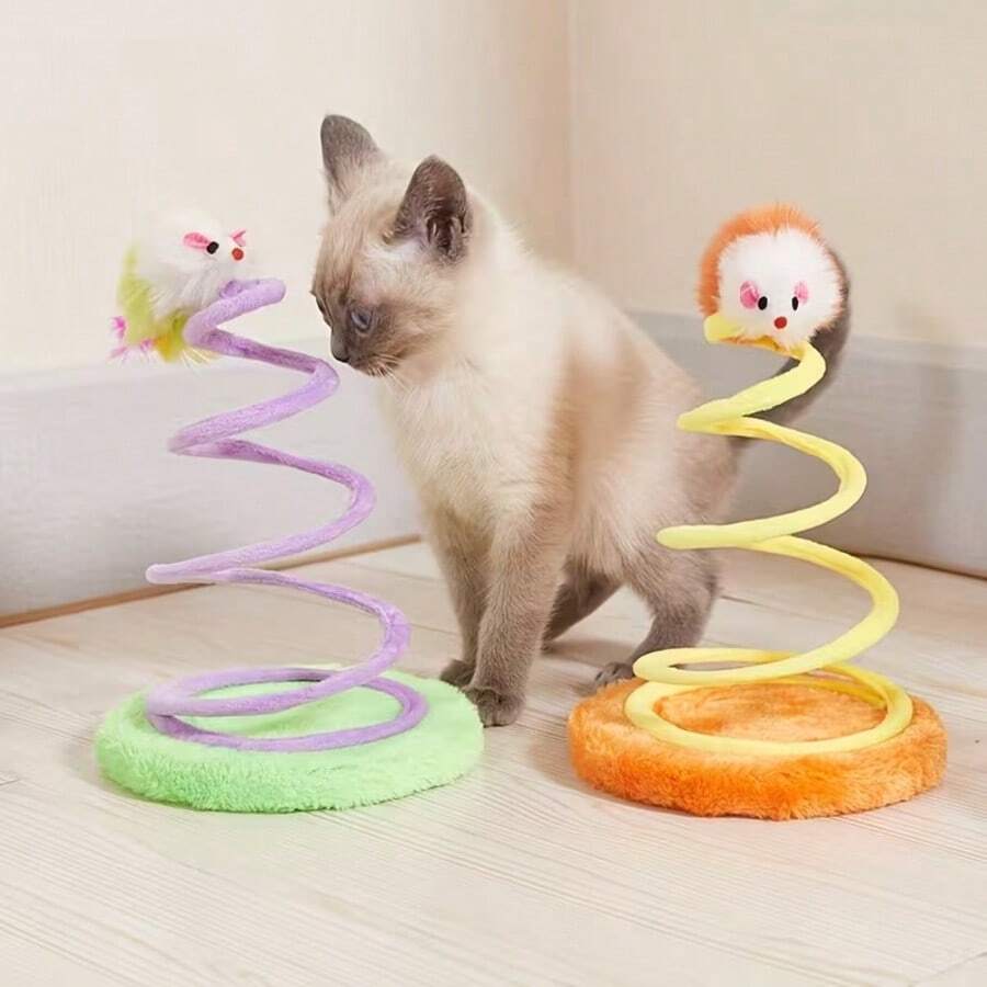 1pc Random Color Spring Plush Mouse Cat Toy, Interactive Spiral Spring Cat Teaser Toy With Soft Round Base, Bite Resistant Kitten Play Toy For Indoor Cats, Relieve Boredom & Exercise Hunting Instinct Pet Toy - View 1