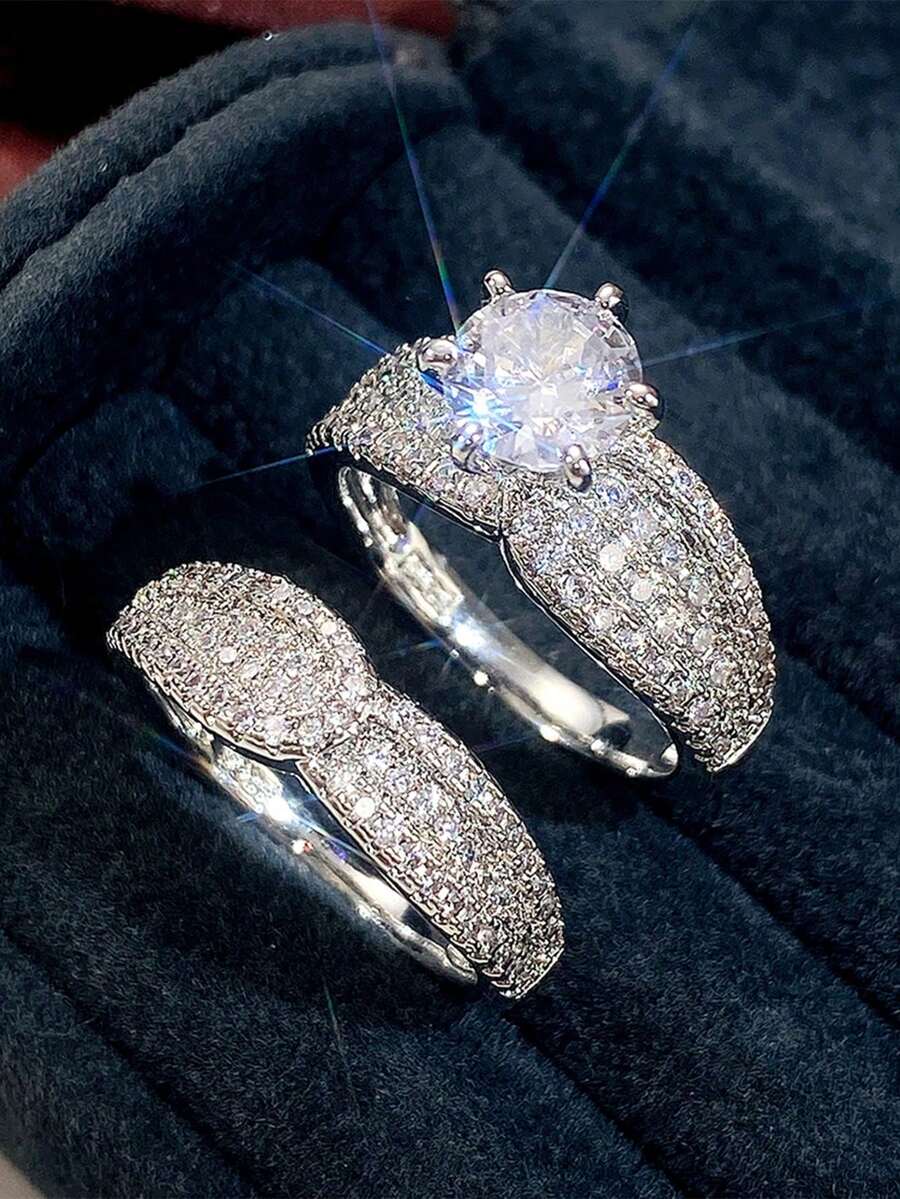 2件組時尚立方鋯石戒指套裝，女款婚禮訂婚派對珠寶，情人節禮物